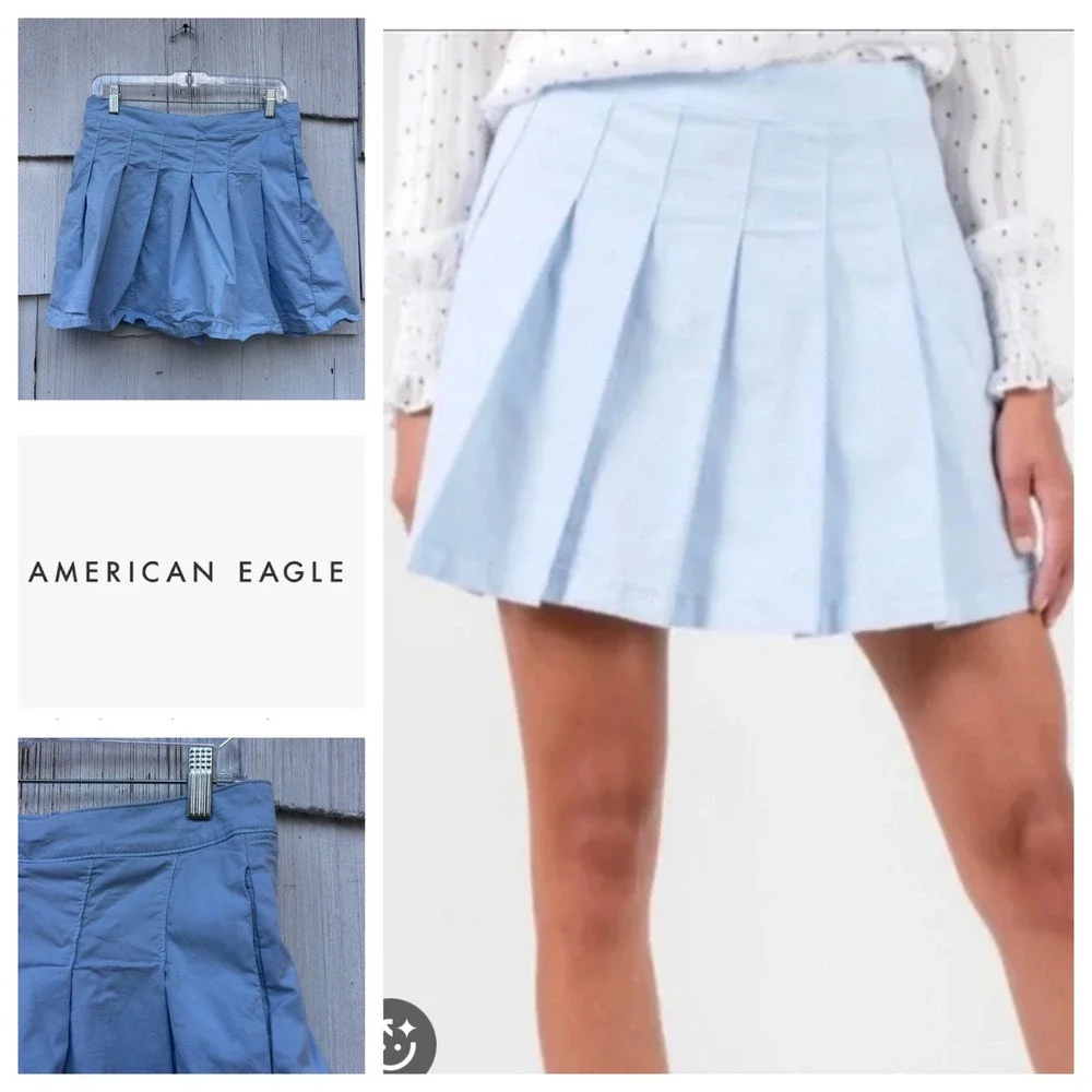 American Eagle Light Blue Pleated Mini Skirt 8 Regular Tennis Preppy‎ Pockets